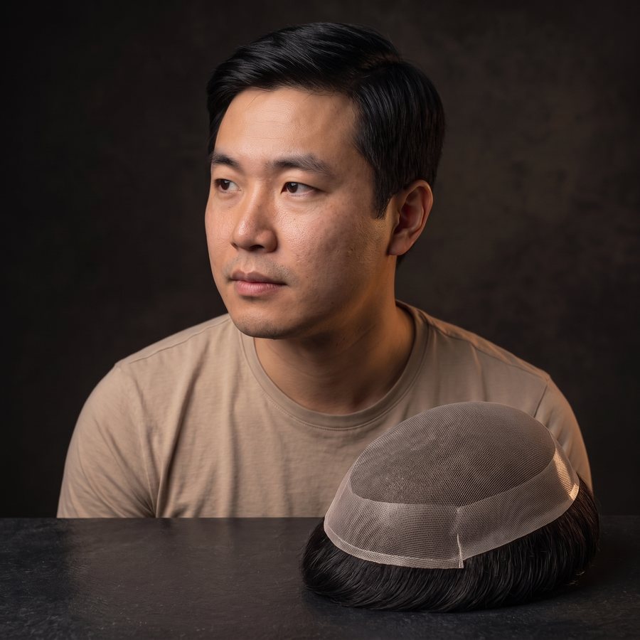 A man with straight black hair, a hybrid hair system with a thin perimeter and matching hair in front of him