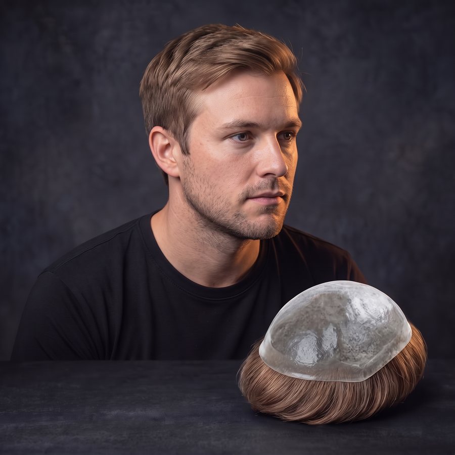 A man in his mid twenties with light brown hair, a full skin hair system with matching hair in front of him